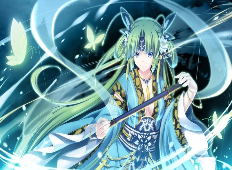 Green-haired Anime Woman — Blue, Dramatic, Night, Butterflies