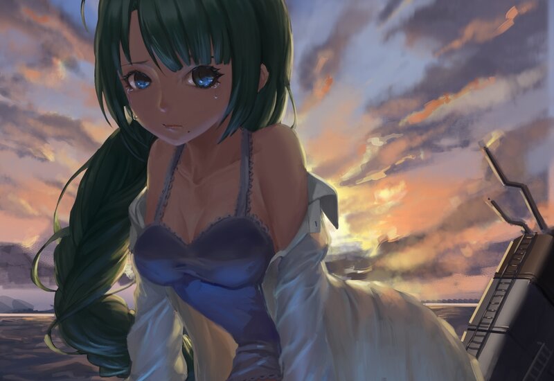 Green-haired Anime Woman — Blue, Dramatic, Sunset