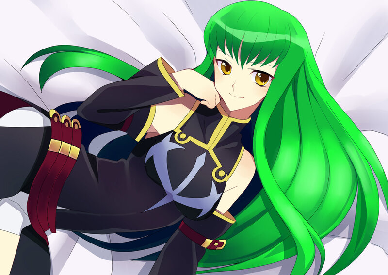 Green-haired Anime Woman — Green, Confident, Long Green Hair, Black and Gold Outfit