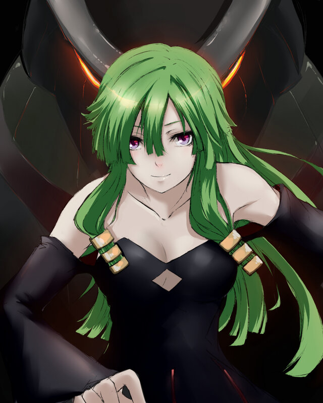 Green-haired Anime Woman — Green, Dramatic, Black Dress, Horns