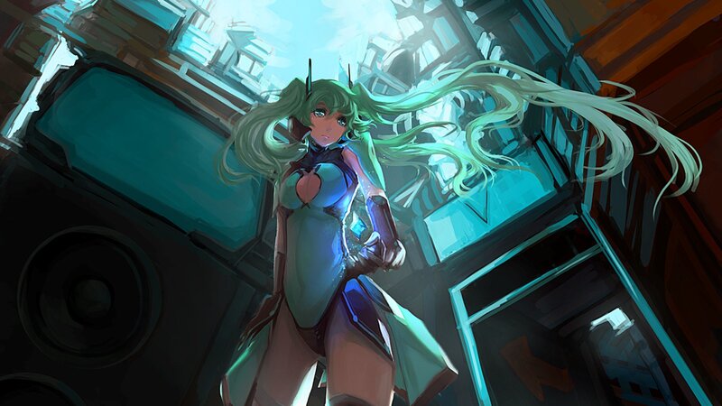 Green-haired Anime Woman — Green, Dramatic, Digital Art, Long Hair