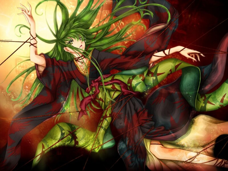 Green-haired Anime Woman — Green, Dramatic, Long Green Hair, Red and Black Outfit