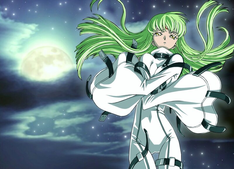Green-haired Anime Woman — Green, Dramatic, Night, Moon