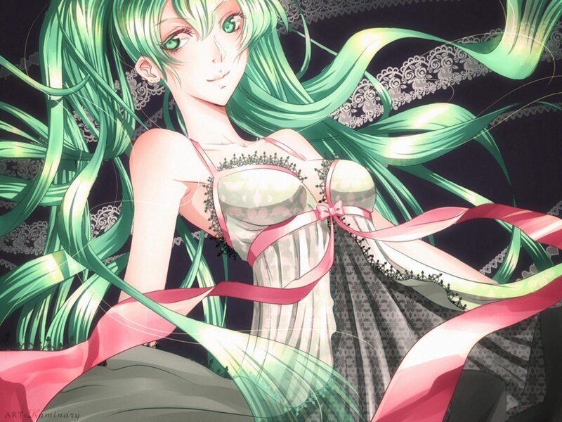 Green-haired Anime Woman — Green, Dramatic, Pink Ribbon