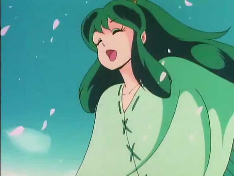Green-haired Anime Woman — Green, Serene, Spring, Flower Petals