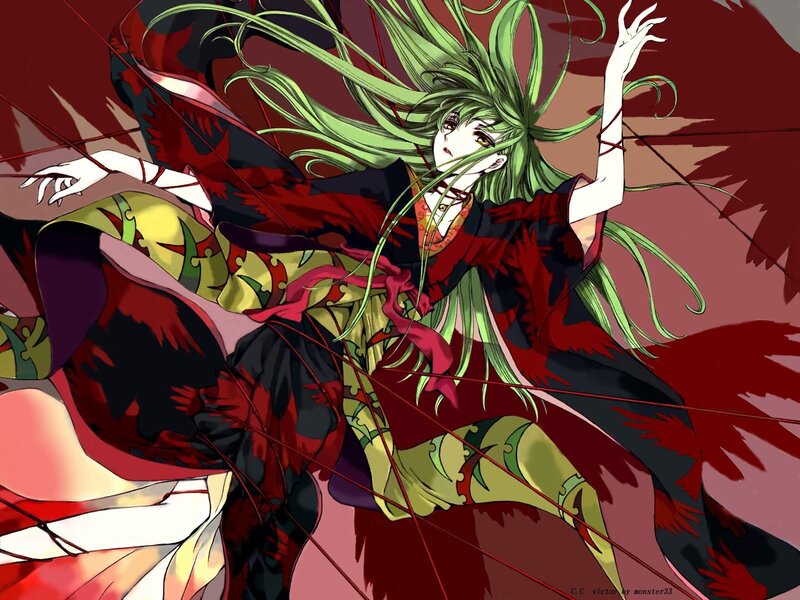 Green-haired Anime Woman — Red, Dramatic, Long Hair