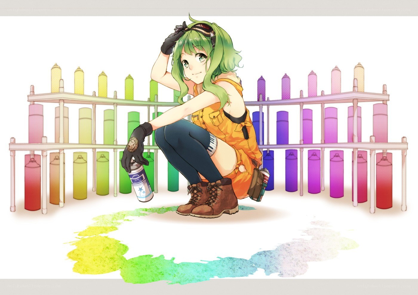 Green-haired artist with spray cans