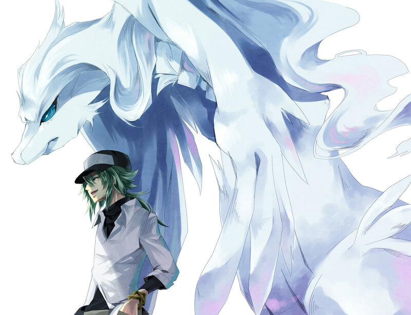 green-haired boy with white wolf