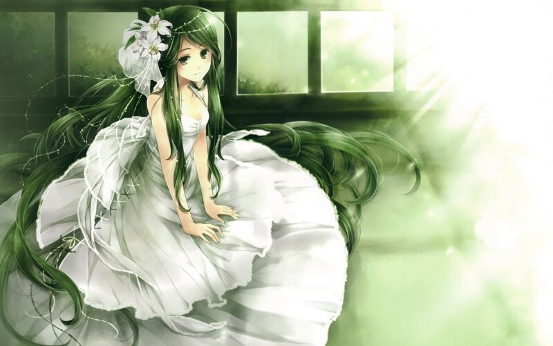 green-haired bride in sunlight
