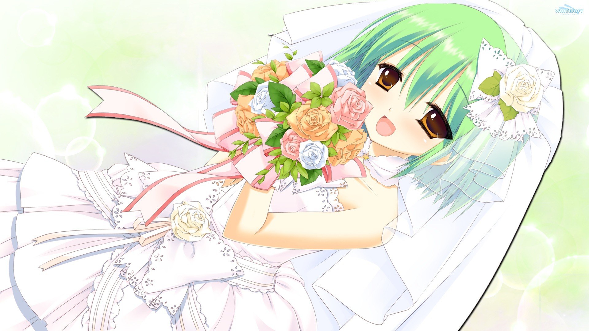 green-haired bride with bouquet