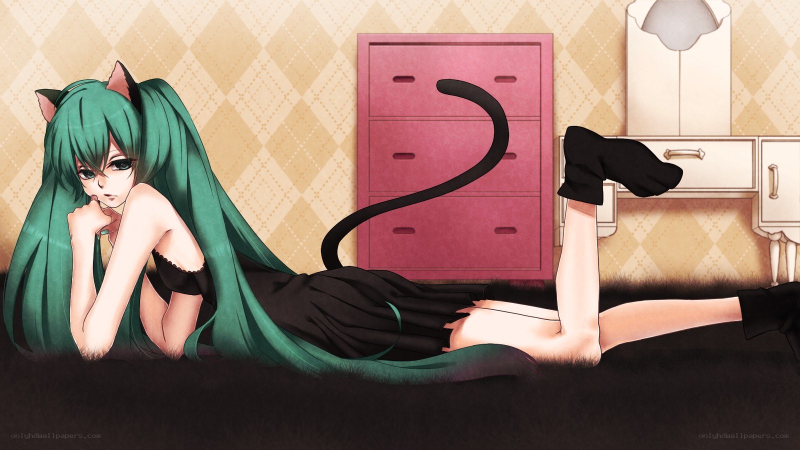 green-haired cat girl lying down