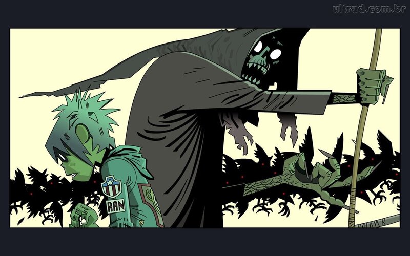 Green-haired Character and Grim Reaper