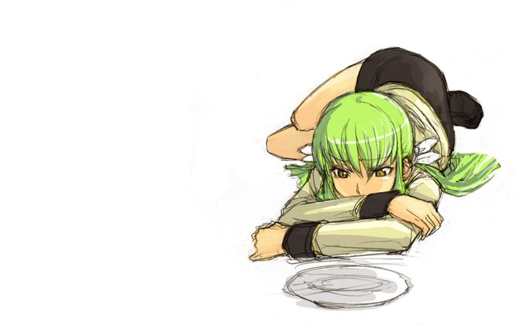 green-haired character at table
