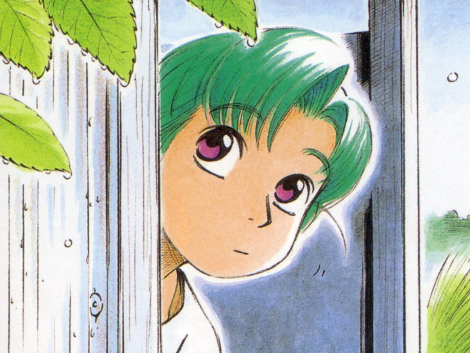 green-haired character at window