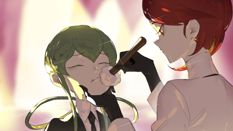 Green-haired Character Being Powdered