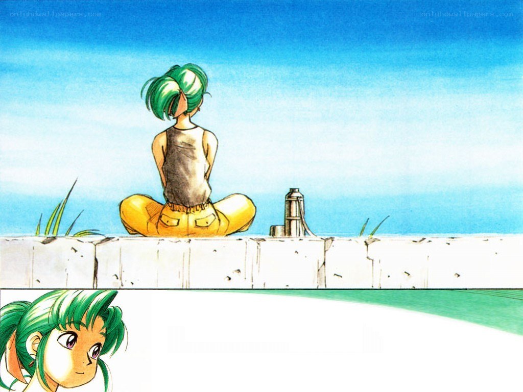 green-haired character by the sea