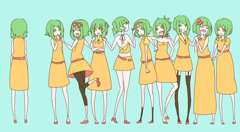 Green-haired character design sheet