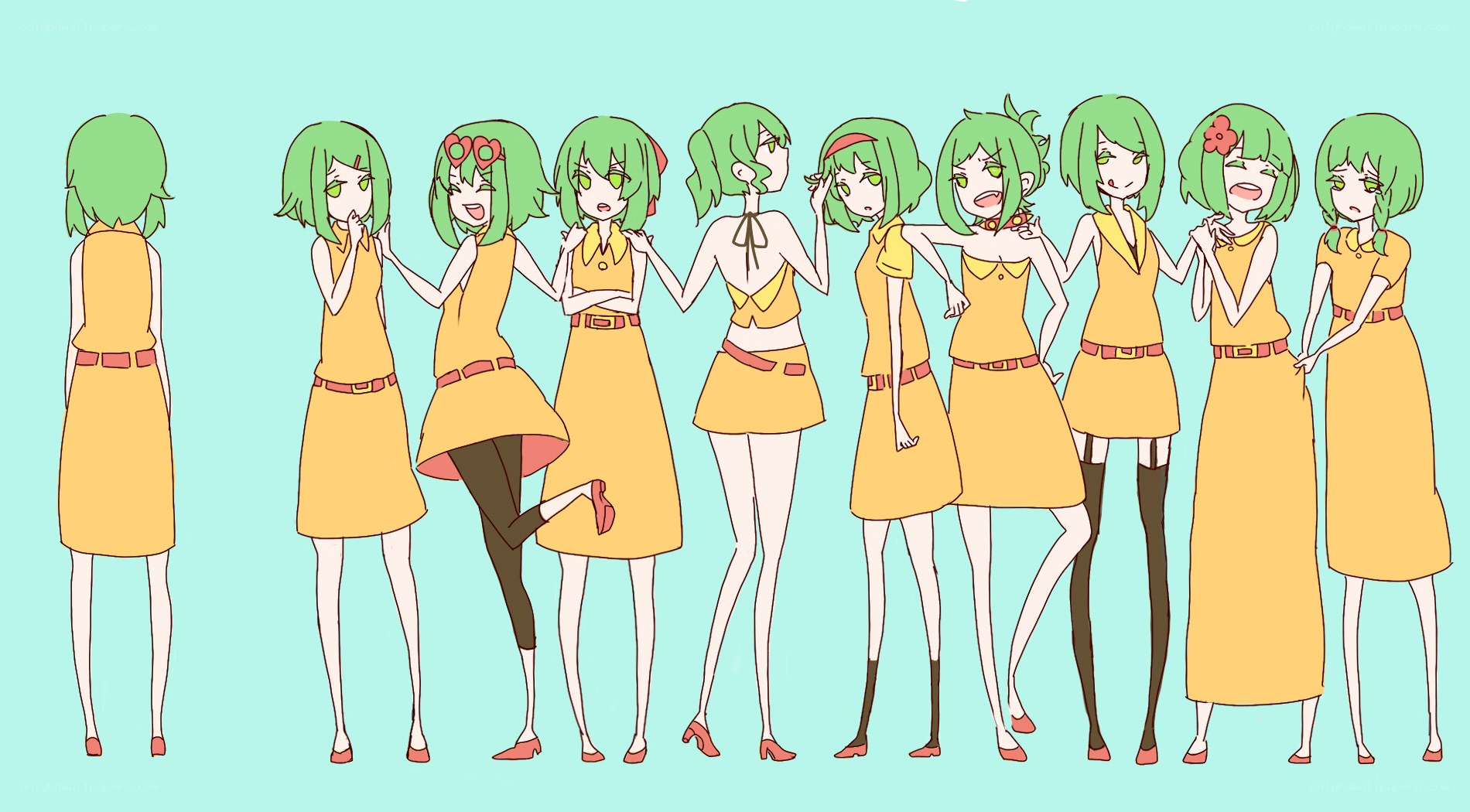 Green-haired character design sheet