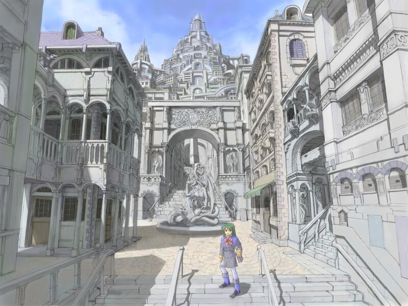 Green-haired Character in Courtyard