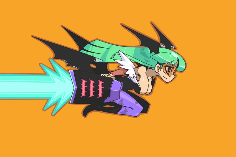 green-haired character in flight