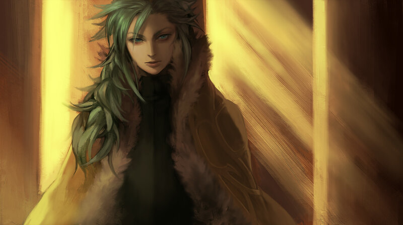 green-haired character in golden light