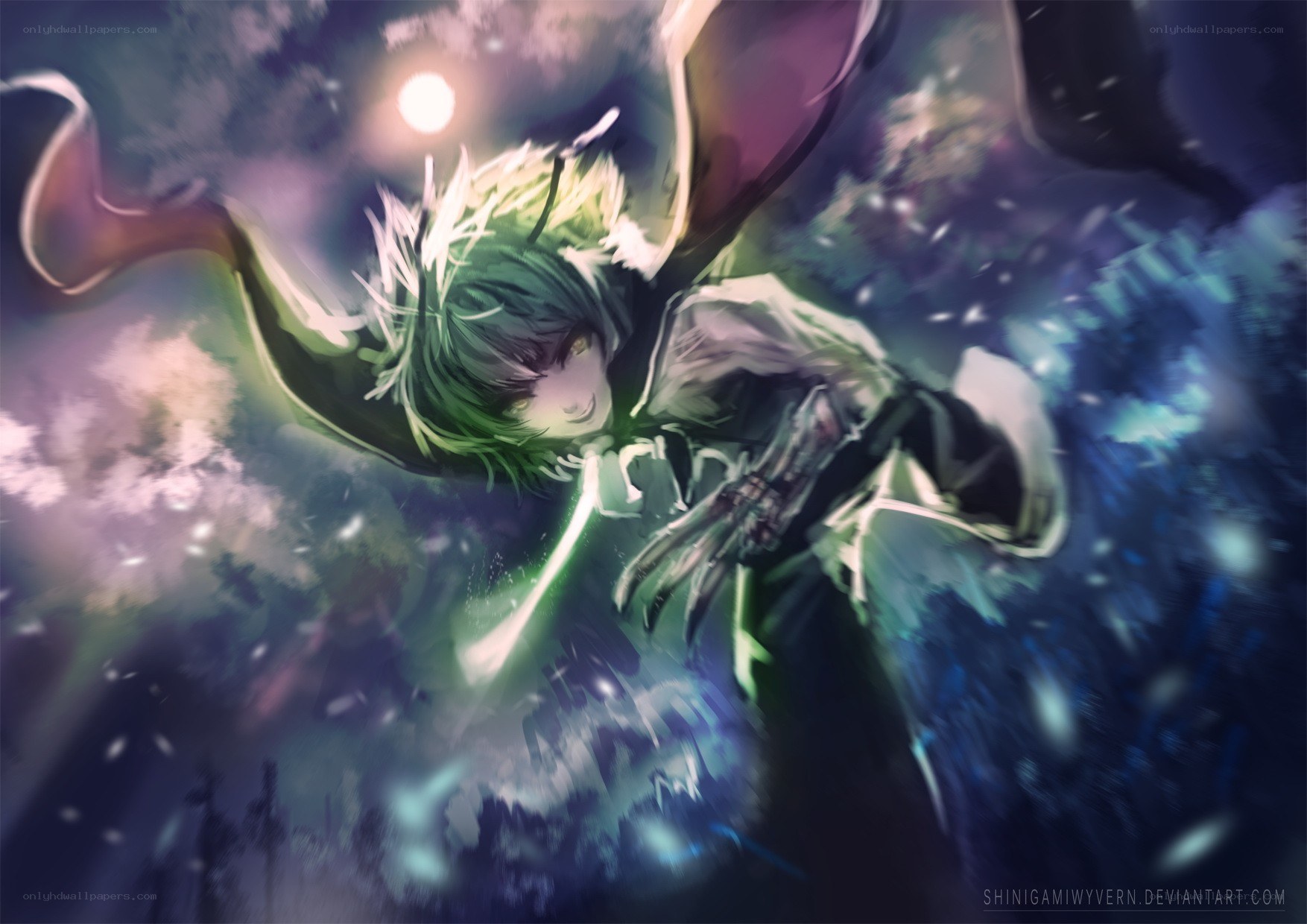 green-haired character in motion