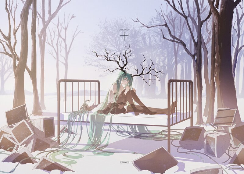 Green-haired Character on Bed — White