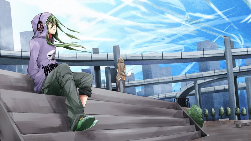 Green-haired Character Sitting — Purple