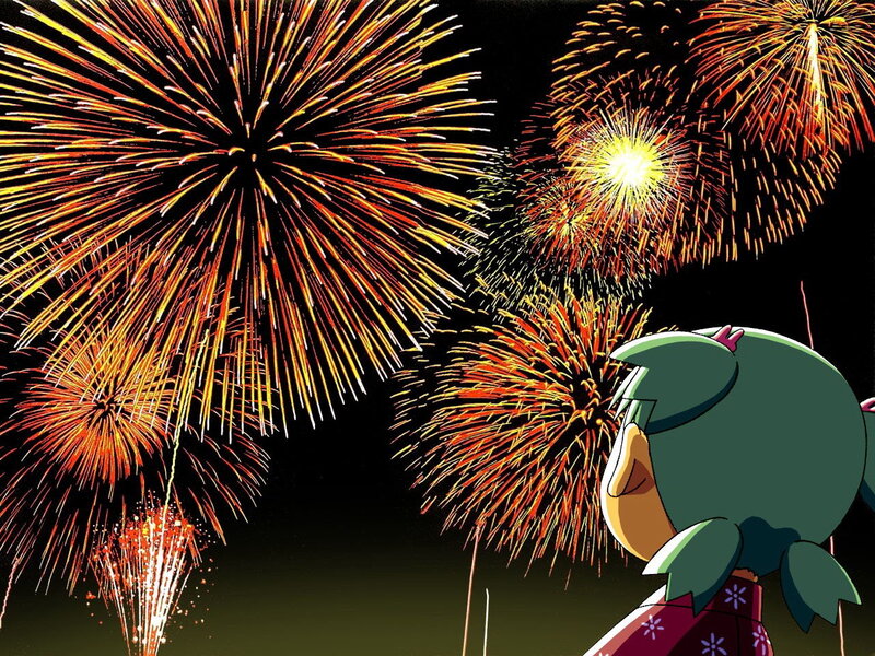 Green-haired Character Watching Fireworks