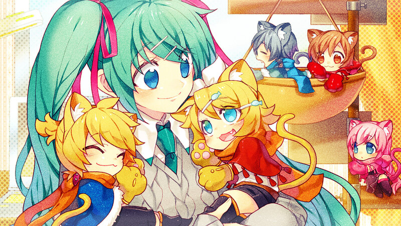 Green-haired Character with Cat-eared Children