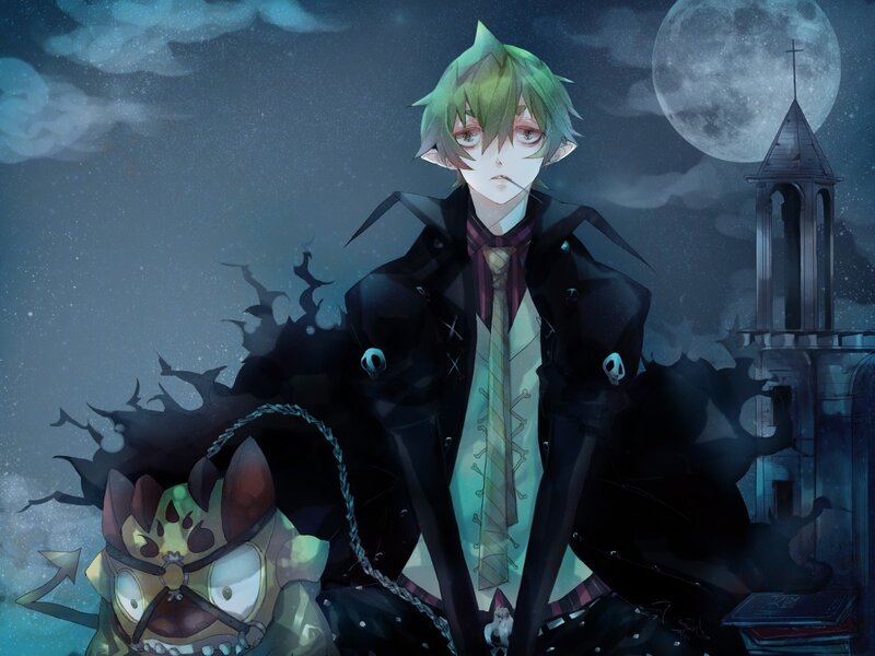 green-haired character with creature