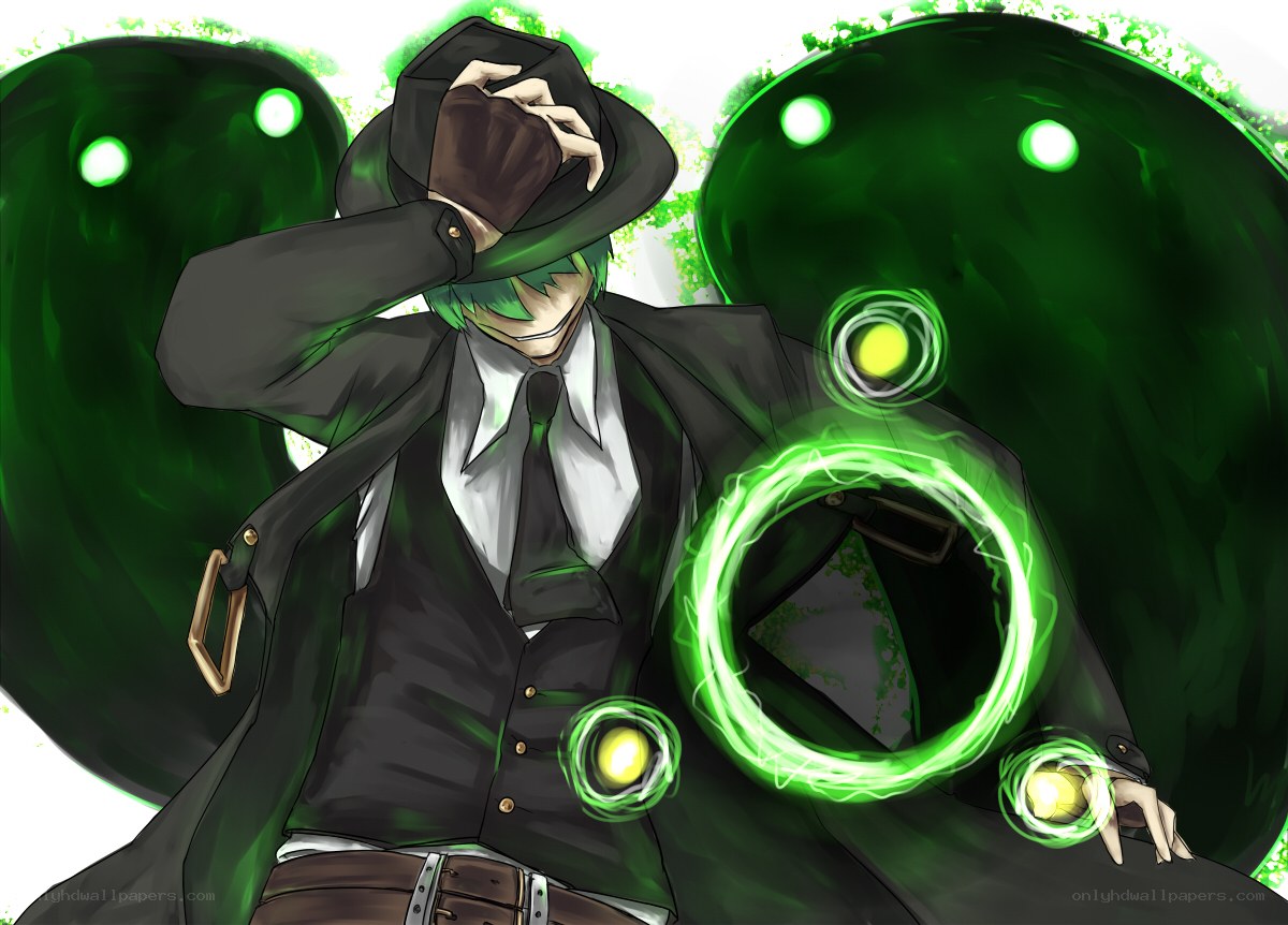 green-haired character with glowing orbs
