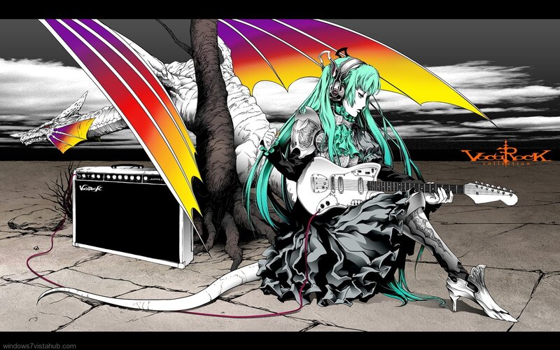Green-haired Character with Guitar — Black, Dramatic