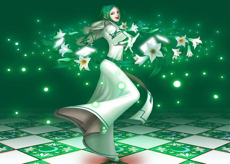 green-haired character with lilies