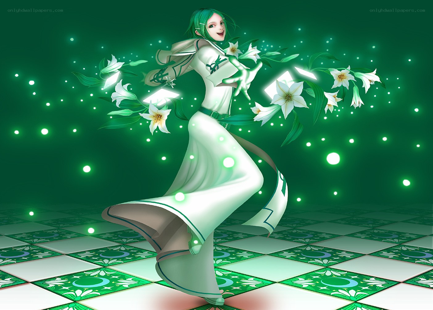 green-haired character with lilies