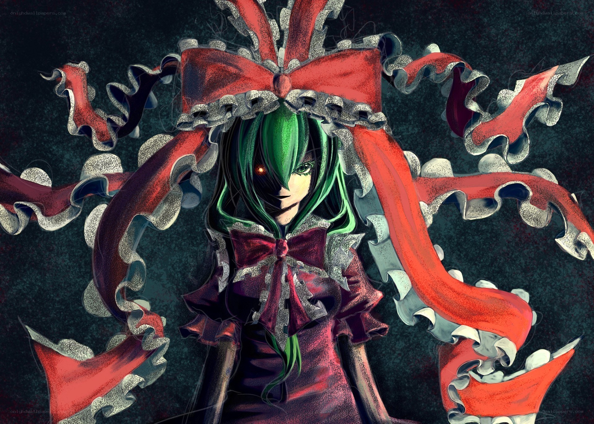 green-haired character with red ribbons