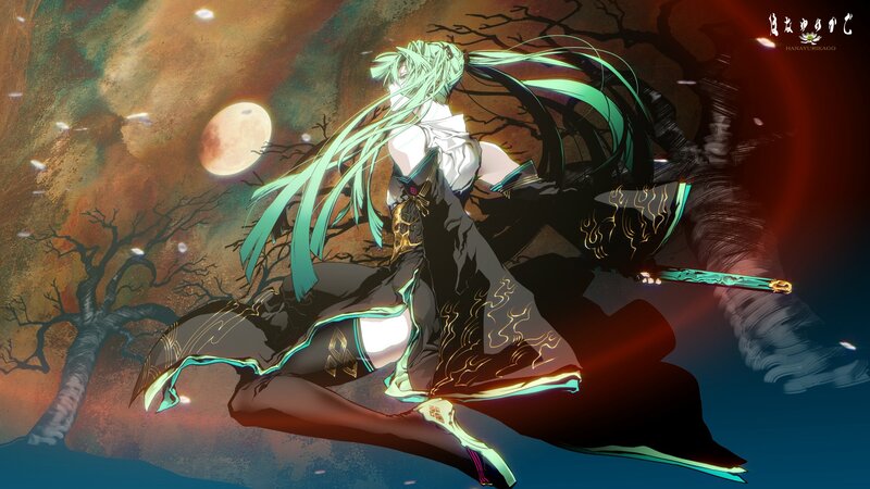 Green-haired Character with Sword — Black, Dramatic