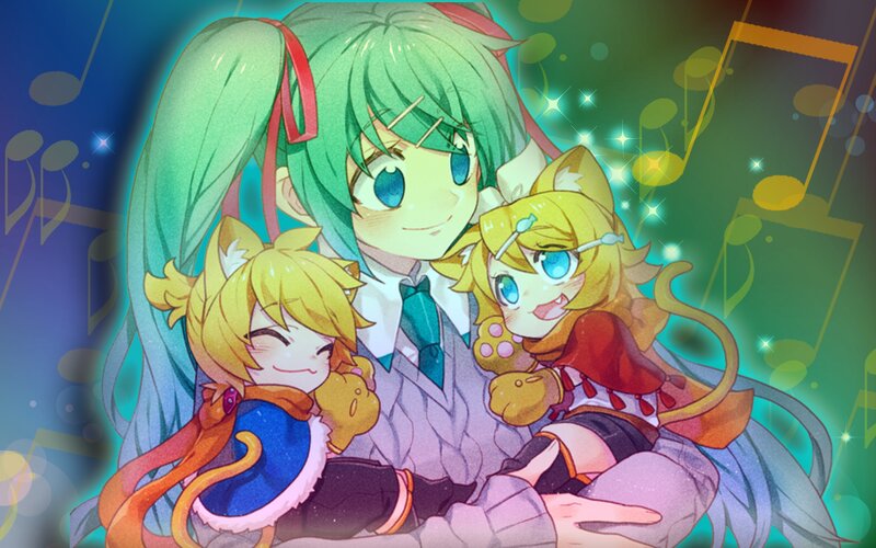 Green-haired Character with Two Cat Girls