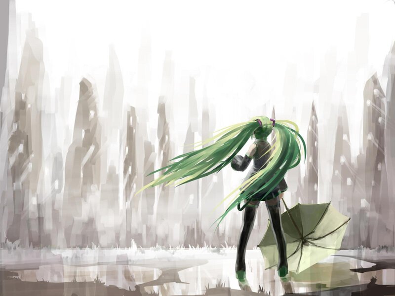 Green-haired Character with Umbrella