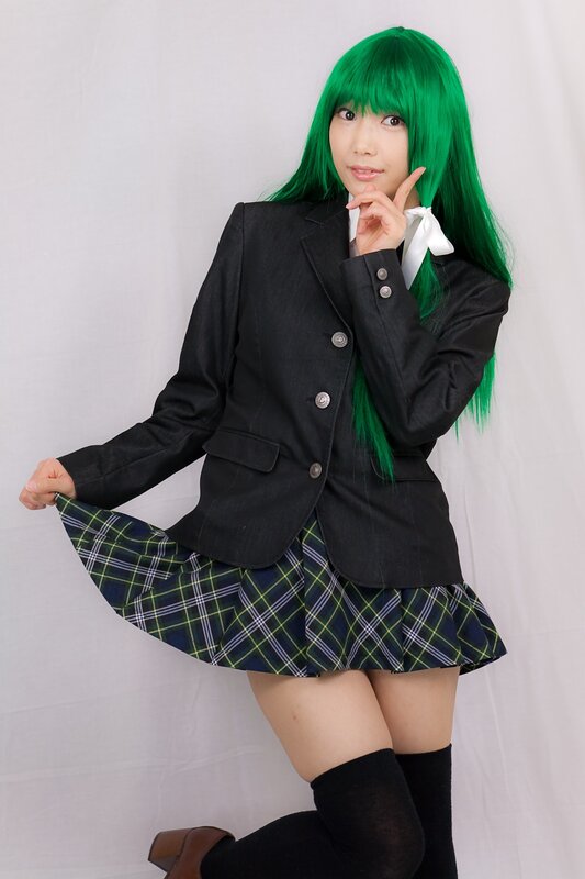 green-haired cosplayer in school uniform