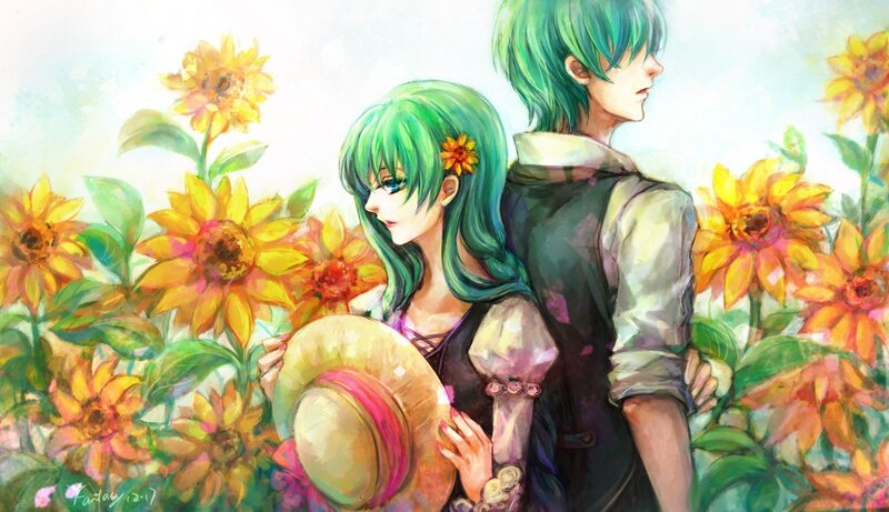 Green-haired couple in sunflower field