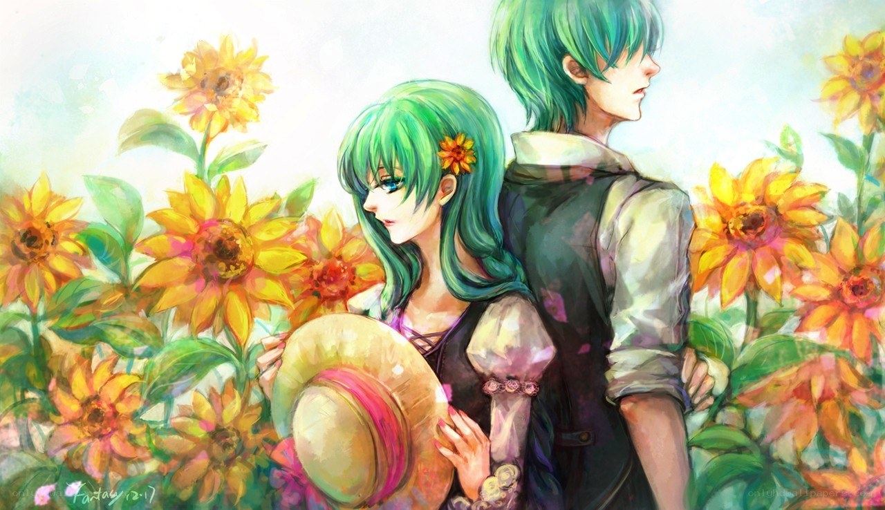 Green-haired couple in sunflower field
