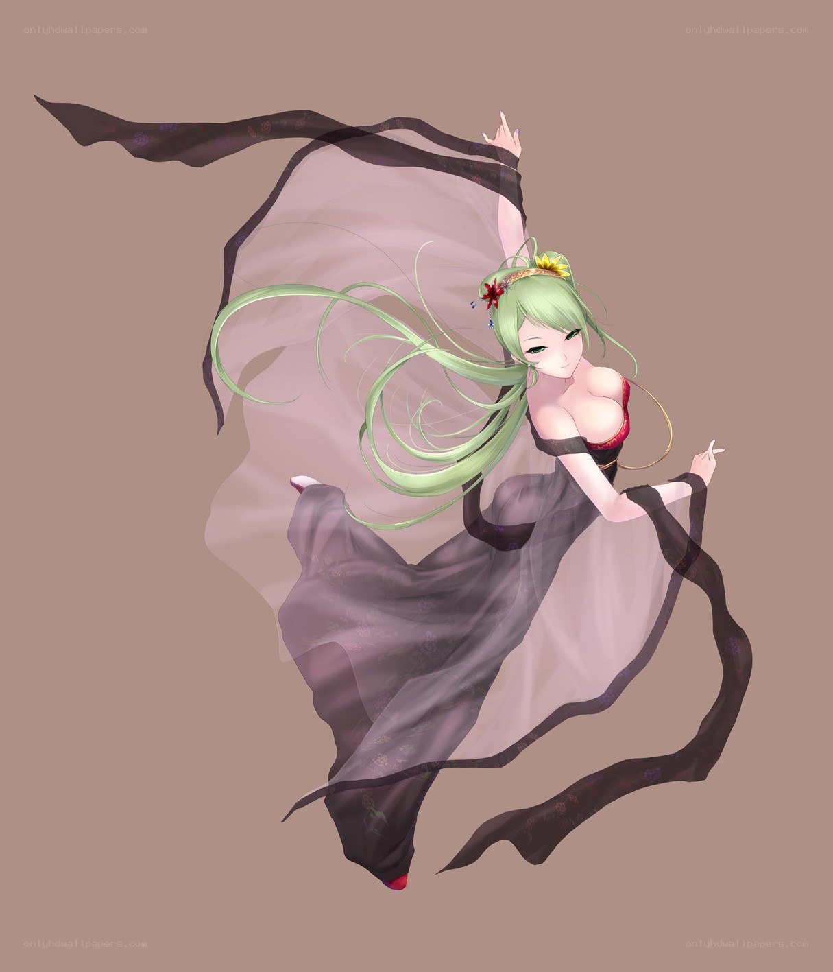 Green-haired dancer in flowing dress