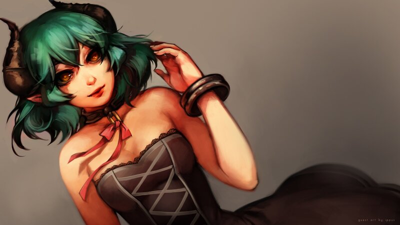 green-haired demon girl art