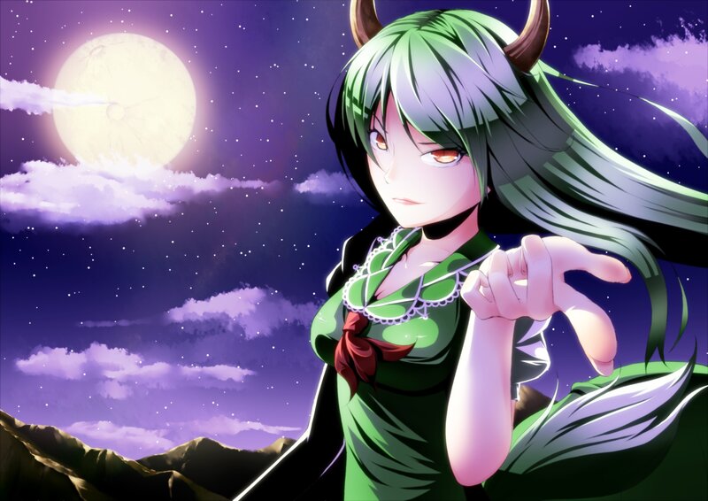 green-haired demon girl at night