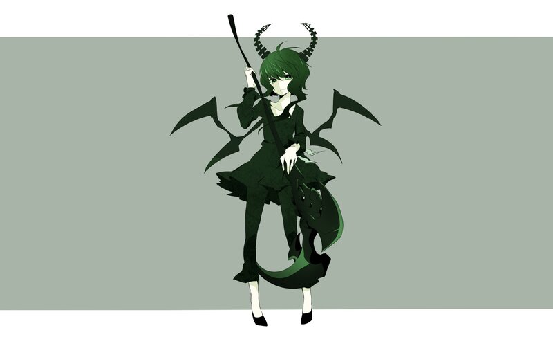 green-haired demon girl with scythe