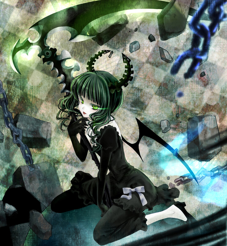 green-haired demon girl with scythe