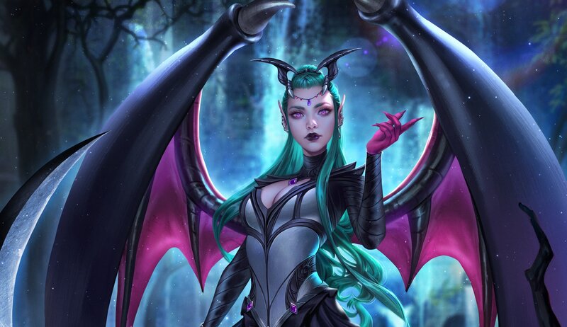 Green-haired Demon Woman — Green, Dramatic, Night, Digital Art