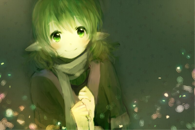 green-haired elf girl with glowing eyes