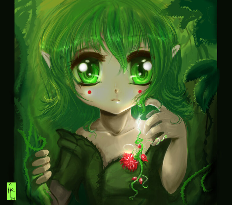 green-haired elf girl with vines